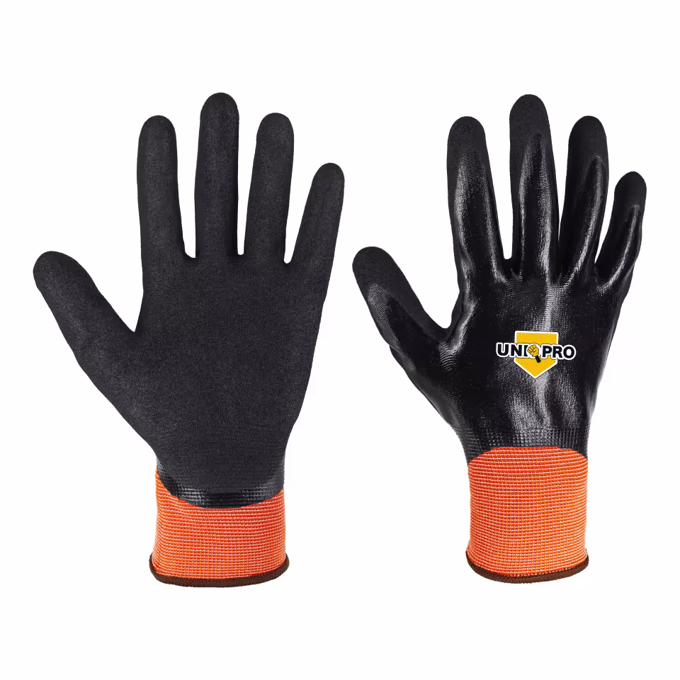 Guantes recubiertos de nitrilo: par de guantes SN5331 naranjas y negros con acabado de nitrilo arenoso en la palma — imagen 5