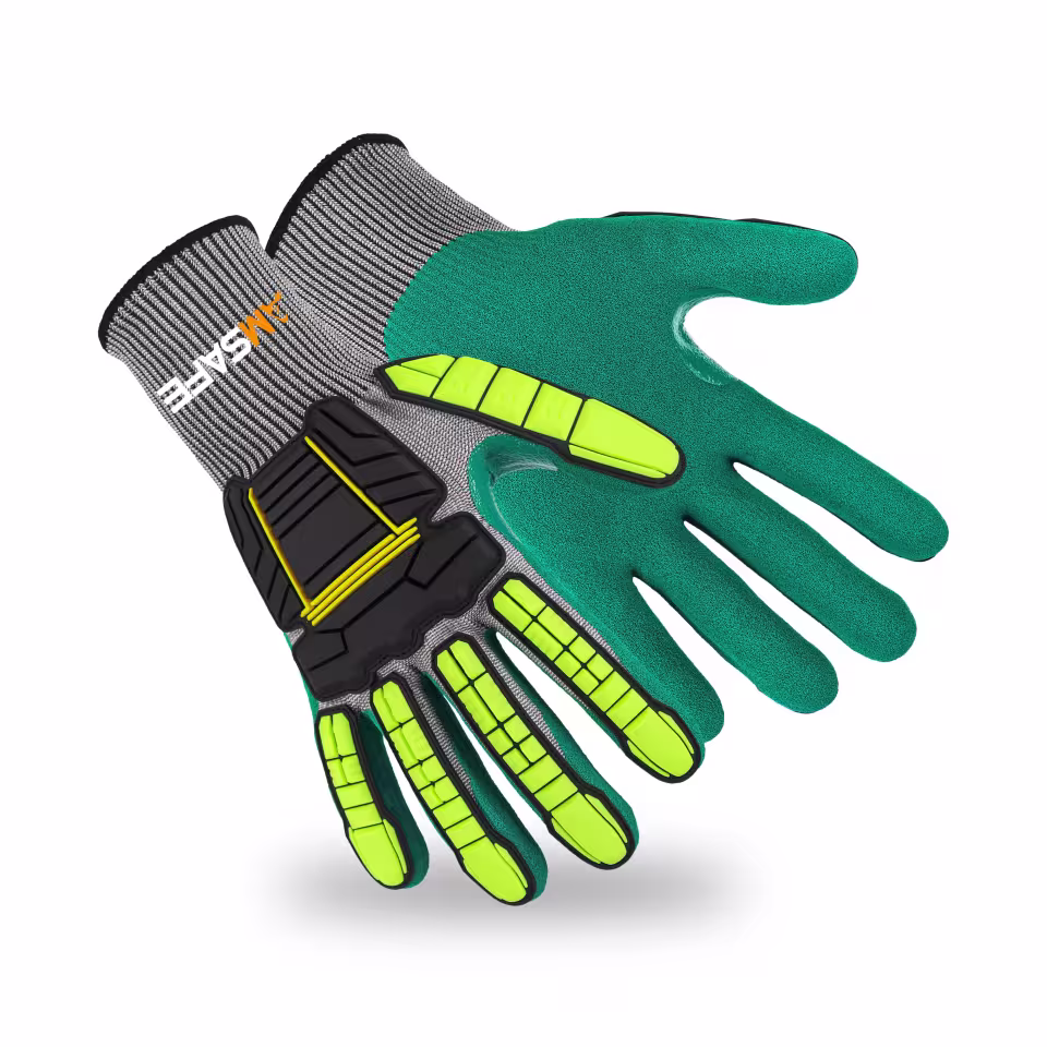 Guantes antiimpacto: par de guantes antiimpacto ASF-SN3375 grises y verdes con protección TPR amarilla y negra — imagen 1