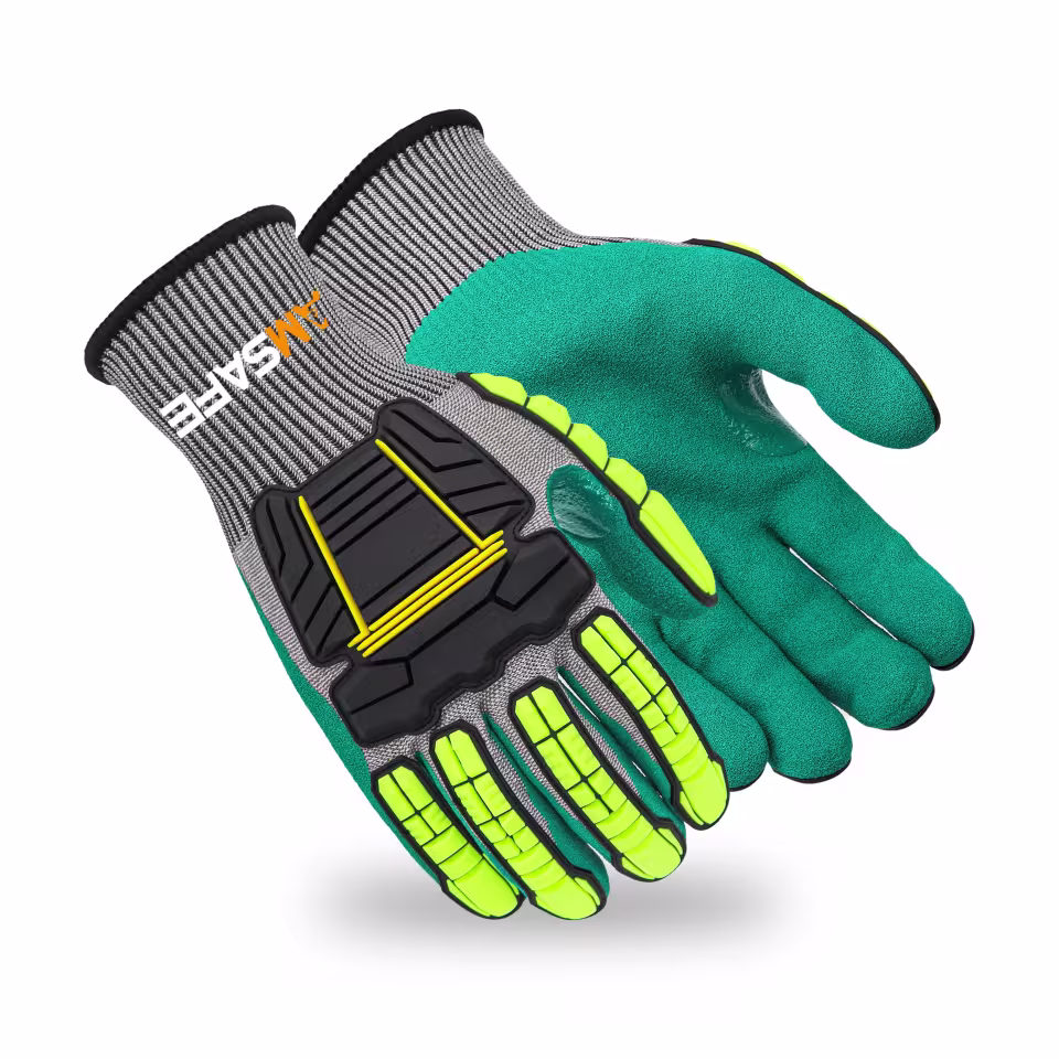 Guantes antiimpacto: par de guantes antiimpacto ASF-SN3375 grises y verdes con protección TPR amarilla y negra — imagen 3