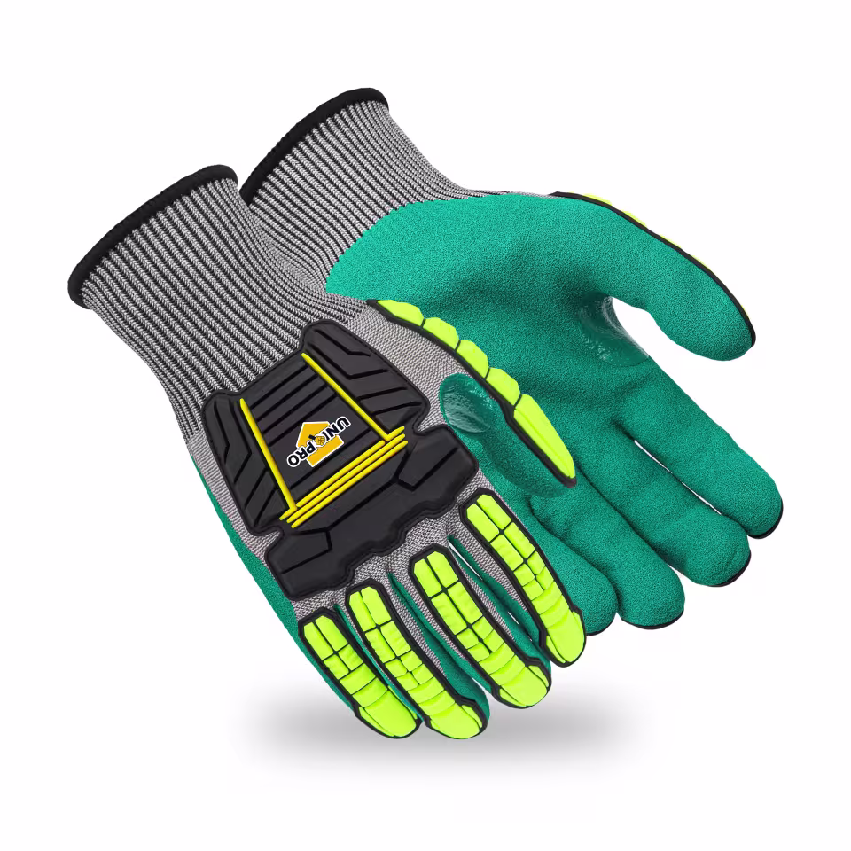 Guantes antiimpacto: par de guantes antiimpacto ASF-SN3375 grises y verdes con protección TPR amarilla y negra — imagen 5