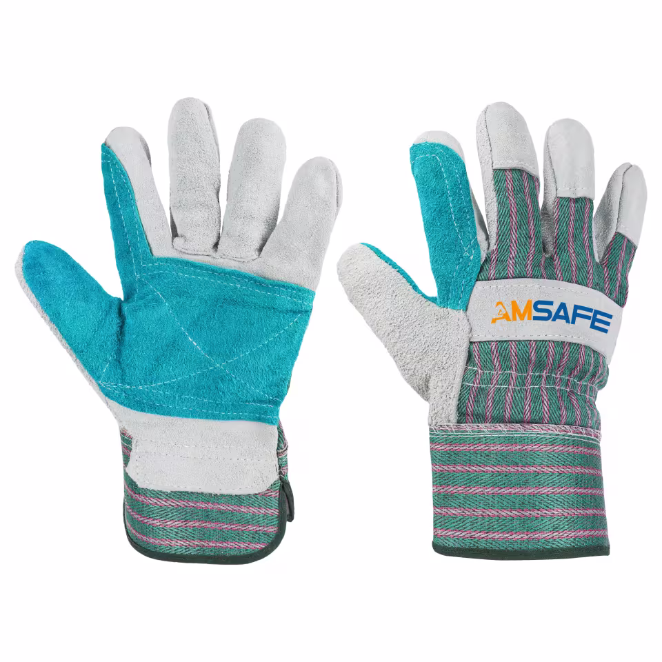 Guantes de cuero: par de guantes de cuero ASF-C0600 grises y azules con dorso textil verde — imagen 2