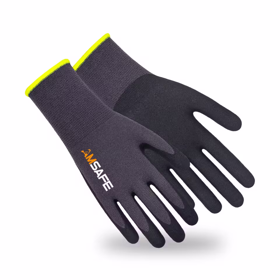 Guantes recubiertos de nitrilo: par de guantes ASF-CN5431-1 grises y negros con borde amarillo fluorescente — imagen 3