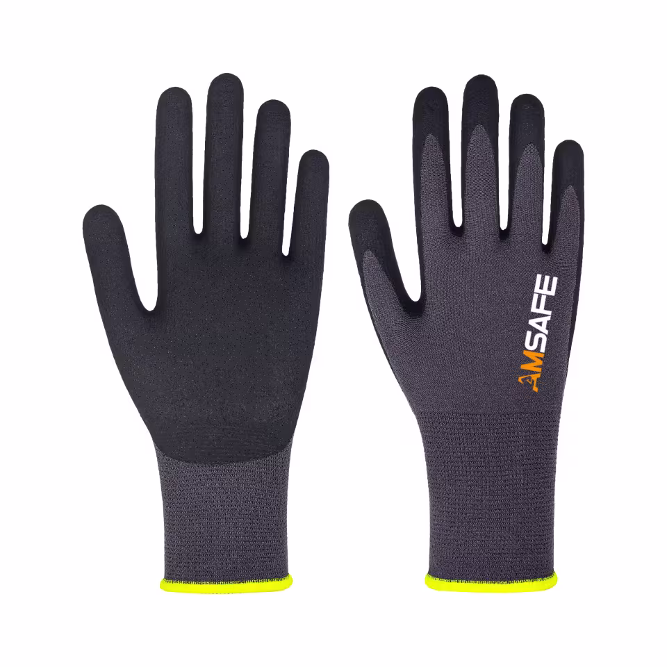 Guantes recubiertos de nitrilo: par de guantes ASF-CN5431-1 grises y negros con borde amarillo fluorescente — imagen 4
