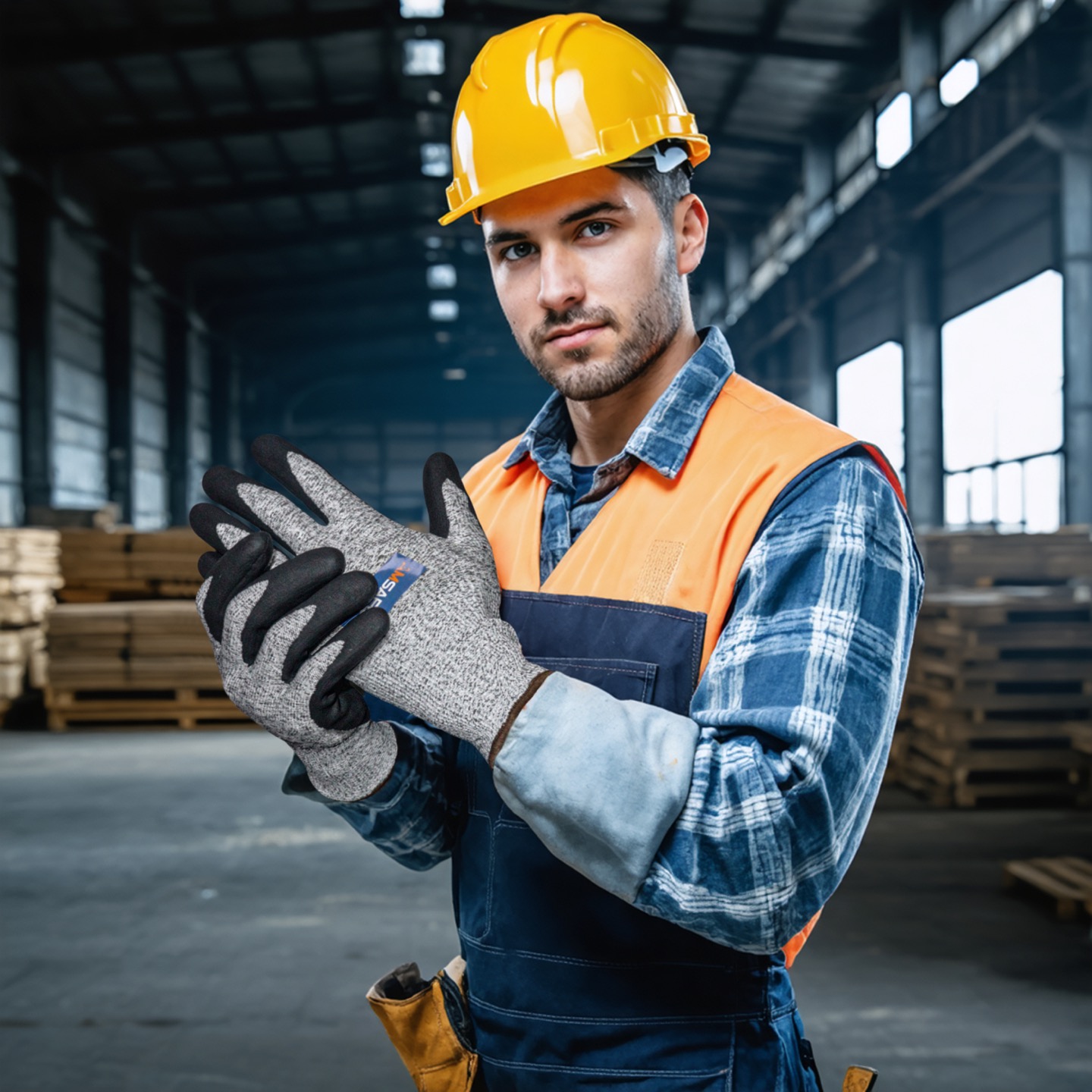Trabajador mostrando guantes de protección AMSAFE en un almacén industrial
