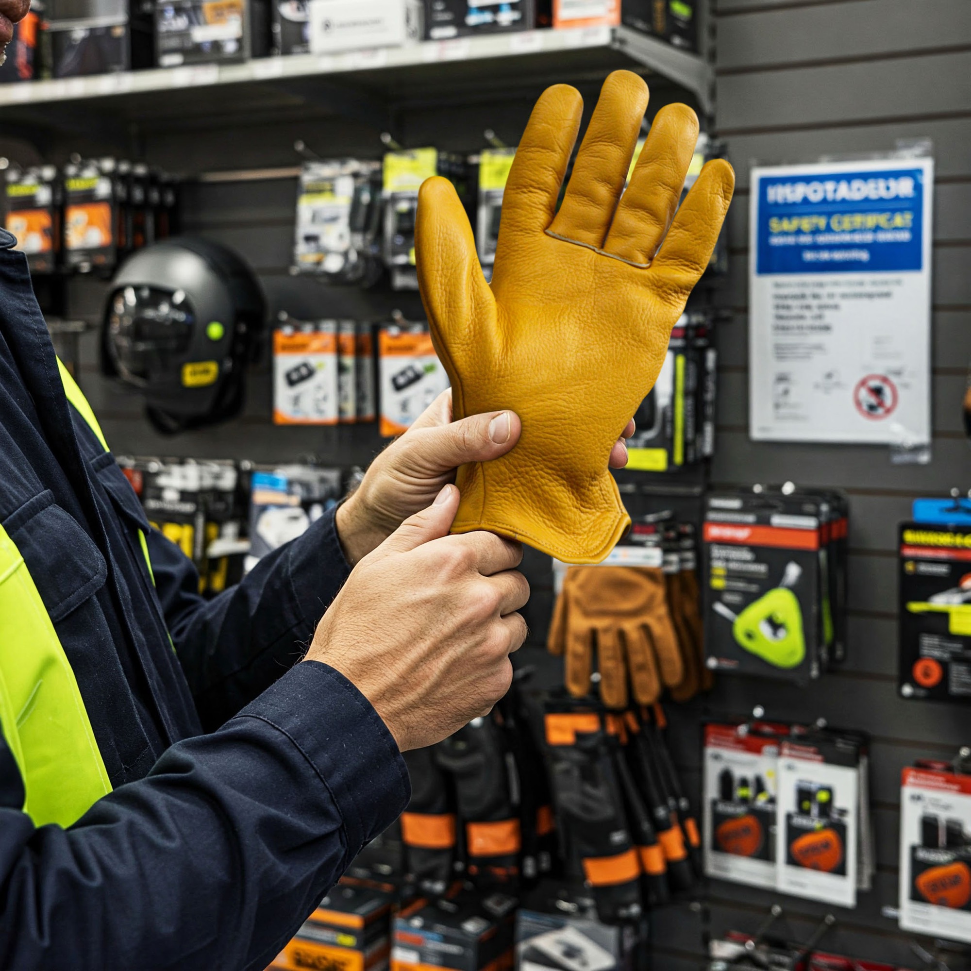 Trabajador comprobando el tamaño de un guante de cuero