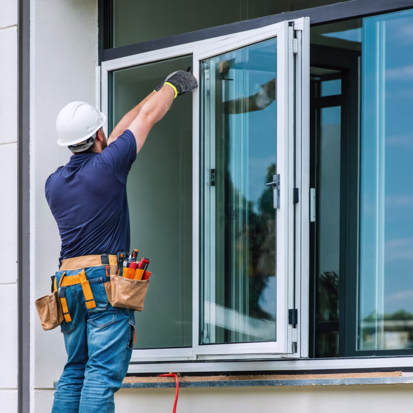 Instalador con guantes de protección ajustando una ventana en una obra