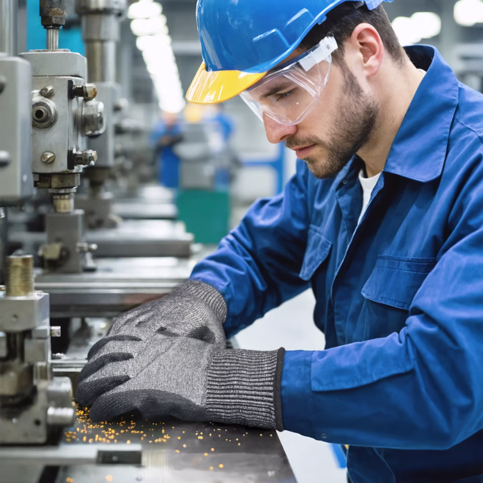 Operario con guantes anticorte trabajando en una máquina de mecanizado