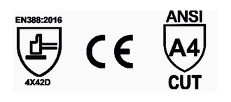 Iconos de certificación del guante AA-37: EN 388 4X42D, CE y ANSI A4.