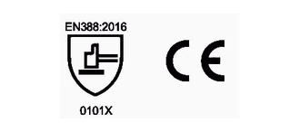 Iconos de certificación del guante AC3001: EN 388 0101X y CE.