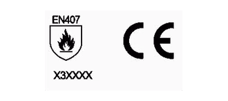 Iconos de certificación del guante AC3021: EN 407 X3XXXX y CE.