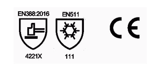 Iconos de certificación del guante AC3067: EN 388 4221X, EN 511 111 y CE.