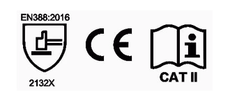 Iconos de certificación del guante ALE417: EN 388 2132X, CE y categoría II.