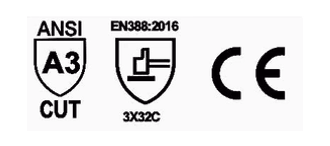 Iconos de certificación del guante ASF-NU3733: ANSI A3, EN 388 3X32C y CE.