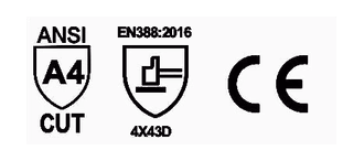 Iconos de certificación del guante ASF-NU4734: ANSI A4, EN 388 4X43D y CE.