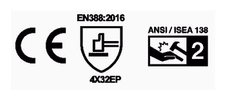 Iconos de certificación del guante ASF-R00130: CE, EN 388 4X32EP e impacto ANSI/ISEA 138 nivel 2.