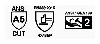 Iconos de certificación del guante ASF-SN3375: ANSI A5, EN 388 4X43EP e impacto ANSI/ISEA 138 nivel 2.