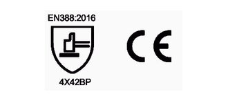 Iconos de certificación del guante AVT002: EN 388 4X42BP y CE.