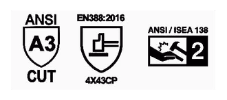 Iconos de certificación del guante SN3733-TPR: ANSI A3, EN 388 4X43CP e impacto ANSI/ISEA 138 nivel 2.